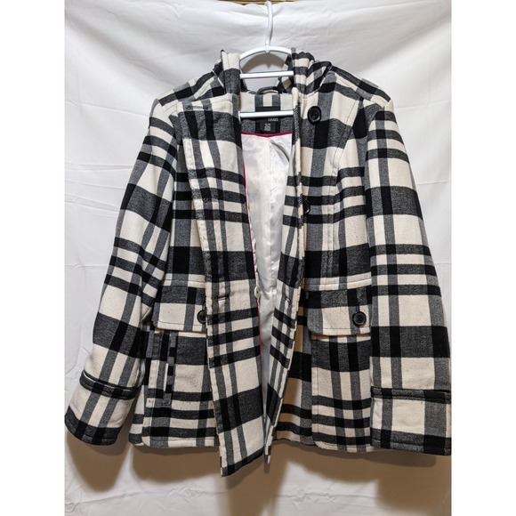 a.n.a Plaid Wool Blend Hooded Pea Coat Jacket Black White 1X - Picture 1 of 3